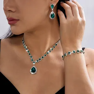 Luxury Rhinestone Teardrop Jewelry Set - White Gold & Green Gemstone Necklace Bracelet Earrings 3-Piece Set for Wedding Party Gift