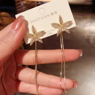 S925 Silver Post Long Flower Tassel Earrings - 6-Petal Rhinestone Dangle Earrings, 7cm Elegant Face-Slimming Drop Earrings for Women, Gold/Silver