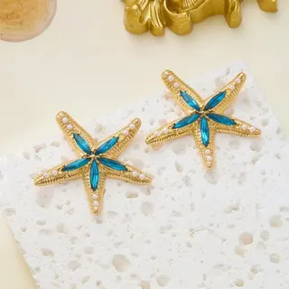 Starfish Earrings Blue Zircon & Pearl, 18K Gold Plated Alloy, Boho Beach Ocean Style Statement Earrings for Women