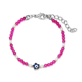 Sweet Flower Evil Eye Charm Bracelet - Fuchsia Faceted Crystal & Imitation Pearl Beaded, Alloy Lobster Clasp Adjustable, French Chic Women's Jewelry 16+5cm