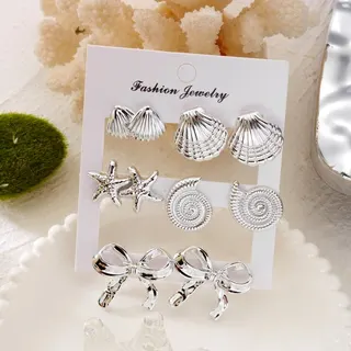 Ocean Themed Shell Starfish Bow Earrings Set, 3 Pairs Silver Plated CCB Alloy Studs, French Vintage Beach Jewelry Gift for Women