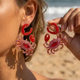 Red Crab Statement Earrings with Rhinestones, Beach Vacation Boho Dangle Earrings for Women, Gold Alloy Crystal Crab Ear Jewelry, Chunky Party Earrings
