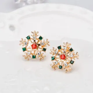 Christmas Snowflake Stud Earrings, 18K Gold Plated Alloy with Red Green White Rhinestones, Hollow Snowflake Design, Festive Jewelry Gift, 1.6cm Pair