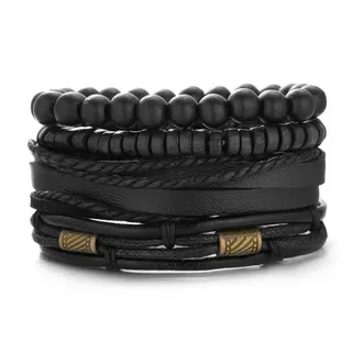 Men's Vintage Beaded Bracelet Set - Wood Beads Braided Leather Multi-Layer Wrap Bracelet with Antique Brass Charm, Unisex Street Boho Style, 9cm