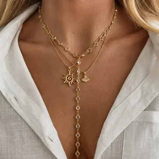 Sun & Fan Multi-Layer Necklace, Boho Vintage Rhinestone Drop Chain, 18K Gold Plated Alloy, 40+5cm/70cm, Vacation Layered Pendant Necklace for Women