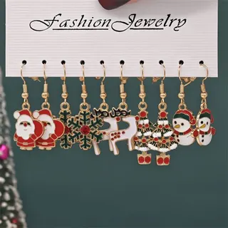 Christmas Earrings Set 5 Pairs, Alloy 18K Gold Plated Enamel Dangle Earrings with Snowman Christmas Tree Snowflake Santa Stocking, Holiday Party Gift Jewelry