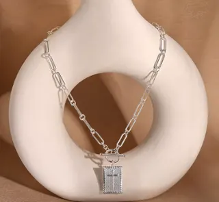 Silver Paperclip Chain Necklace with OT Toggle Clasp & Cross Lock Pendant, Alloy Rhodium-Plated Minimalist Long Chain Necklace for Women, 50cm Layering Jewelry