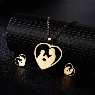 Mother's Day Gift Mom Baby Heart Cutout Stainless Steel Necklace & Earrings Set, 18K Gold Plated, Hypoallergenic Tarnish-Free, Mother Child Love Pendant Jewelry Set
