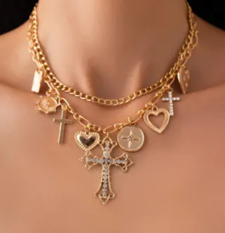 Double Layer Cross & Heart Pendant Necklace for Women, 18K Gold Plated Alloy, Rhinestone Inlay, Vintage Religious Style Layered Chain 40+5cm