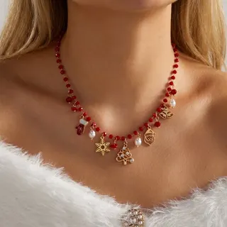 Christmas Multi-Charm Crystal Necklace for Women - Snowflake Christmas Tree Glove Pearl Beaded Choker, 18K Gold Plated Alloy with Red Crystal & Faux Pearl, Adjustable 37+5cm Holiday Gift