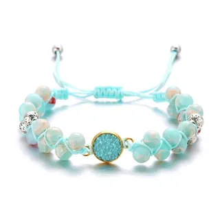 Adjustable Natural Stone Beaded Bracelet, Blue Turquoise Round Beads with Gold-Set Sparkle Center Stone, Handwoven Elastic Cord Boho Wristband for Women, 16-28cm