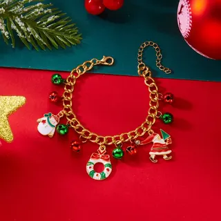 Christmas Santa Sock Bell Charm Bracelet - Gold Alloy & Pearl, Cute Cartoon Holiday Adjustable Chain, Festive Gift for Women