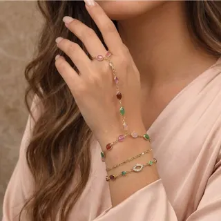 Vintage Bohemian Colorful Gemstone Bracelet & Finger Chain Ring Set, 18K Gold Plated Copper with Oval Resin & Glass Stones, 2-Piece Layered Jewelry Set for Women