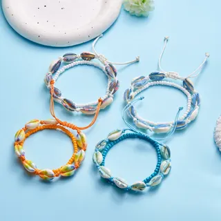 Ocean Beach Shell Bracelet for Women - Handwoven Natural Shell & Seed Bead Adjustable Bangle, 4-Piece Pastel Color Set, Boho Summer Vacation Gift