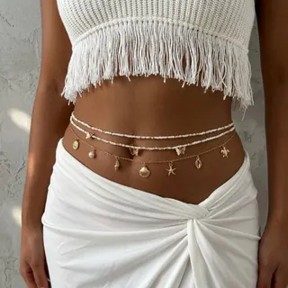 Boho Beach Body Chain Set of 3 - Gold Starfish Shell Butterfly Beaded Waist Chain for Bikini & Swimsuit, Vacation Body Jewelry 80+20cm