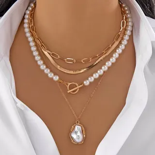 Vintage Baroque Pearl OT Clasp Snake Chain Necklace 4-Piece Set, Gold Plated Layered Collarbone Chain, Iron Copper Alloy + Pearl, 38+8cm