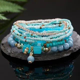 Macaron Beaded Bracelet Set - Multi-Strand Stretch Bracelet with Square Beads & Turquoise, Natural Stone + Alloy Spacers, Boho Forest Girl Style, 8PCS Combo, 18cm