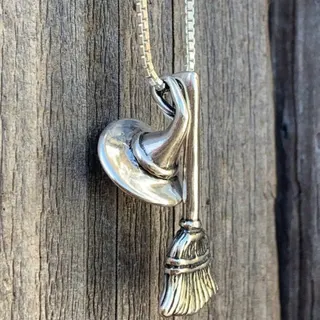 Gothic Witch Broom & Pointed Hat Necklace, Silver Alloy Magic Pendant, Vintage Fantasy Long Chain, Halloween Jewelry, 60cm