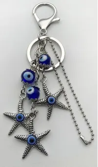 Boho Ocean Style Keychain, Silver Alloy Evil Eye Starfish Charm, Blue Nazar Bead Bag Pendant, Vacation Beach Accessory