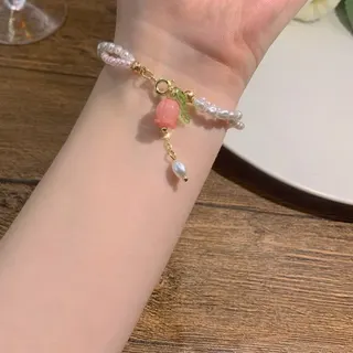 French Vintage Tulip Flower Pearl Beaded Double Layer Bracelet, Sweet Pink Charm Gold Alloy Women's Jewelry