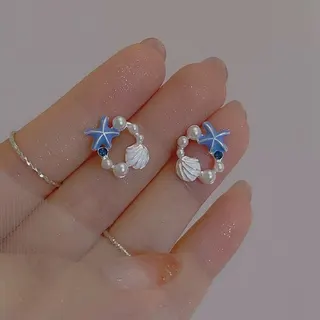 Ocean Starfish Shell Drop Earrings - Blue Enamel & Pearl Alloy Studs, Lightweight Boho Beach Jewelry for Women