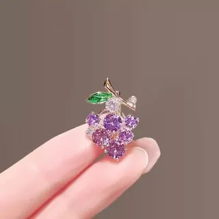 Vintage Grape Brooch, Rhinestone Crystal Pin, Green Zircon Alloy 18K Gold Plated, French Elegant Fashion Jewelry for Women