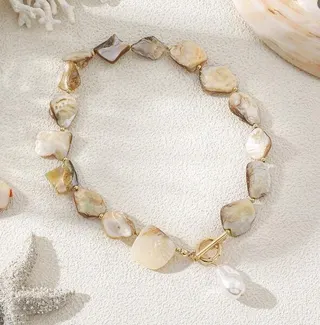 Irregular Shell Bead Necklace with White Pearl Drop, 40cm Long Natural Shell Strand, French Vintage Beach Vacation Jewelry for Women