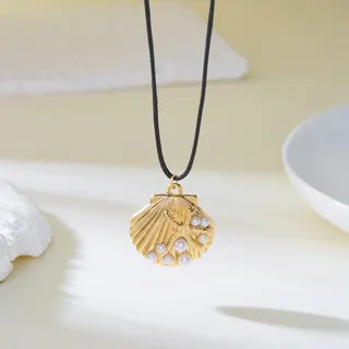 Pearl Shell Necklace for Women, Gold Alloy Wax Rope Pendant with Pearl Inlay, Adjustable 30-60cm Beach Vacation Jewelry, French Vintage Ocean Style Choker