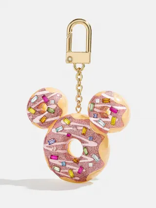 Mickey Mouse Donut Bag Charm Keychain - Pink Glaze Resin with Colorful Rhinestones, 18K Gold Plated Alloy Hook & Chain, Cute Cartoon Purse Accessory