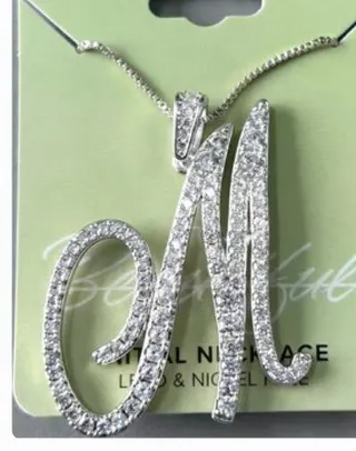 Cubic Zirconia Letter M Necklace, White Gold Plated Personalized Initial Pendant, Lead & Nickel Free Hypoallergenic Sparkly Choker Chain for Women
