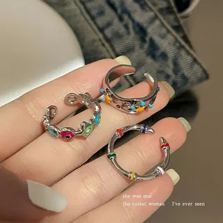 Dopamine Colorful Flower Open Ring Set of 3, Adjustable Alloy Boho Enamel Drop Ring, Vintage Stackable Statement Finger Ring for Women