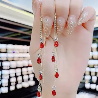 Luxury Teardrop Tassel Drop Earrings, 18K Gold Plated Alloy with Rhinestone & Red Crystal, 7cm Long Dangle Earrings for Women, Elegant Party Jewelry