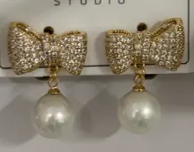 Luxury Bow Rhinestone Pearl Drop Earrings, 18K Gold Plated Alloy, Sweet Elegant Dangle Earrings for Women, Wedding Party Jewelry Gift