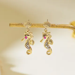 Seahorse Dangle Earrings with Zirconia, Ocean Vacation Style Gold Shell Stud Earrings, Lightweight Alloy Jewelry for Beach & Summer