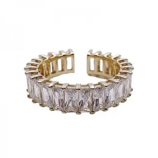 Open Adjustable Zircon Ring for Women, 18K Gold Plated Copper, Emerald Cut Baguette Paved Band, Anti-Slip Resizable Stackable Ring