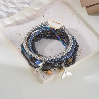 Bohemian Ocean Beaded Bracelet Set of 3 - Sea Turtle Pearl & Fish Tail Charm, Turquoise & Green Seed Beads, Adjustable 18cm, Summer Beach Jewelry Gift
