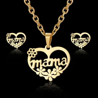 MAMA Heart Flower Cut-Out Stainless Steel Necklace & Earrings Set, 18K Gold Plated, Hypoallergenic Tarnish-Free, Mother's Day Gift Jewelry Set