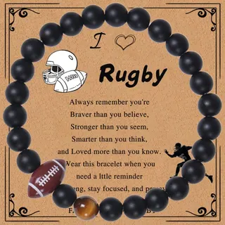 Rugby Bracelet for Men - Natural Stone & Tiger Eye Bead Bracelet with Rugby Charm, Adjustable Elastic Cord, Sports Fan Gift with Motivational Card