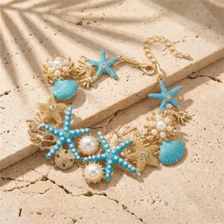 Ocean Starfish Shell Coral Pearl Necklace, Blue Enamel Boho Clavicle Chain, Alloy Gold-Plated Adjustable 44+5cm, Beach Vacation Jewelry for Women