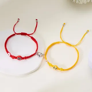 Deadpool Woven Couple Bracelet - Alloy & Polymer Clay Deadpool Eye Beads, Red & Yellow Adjustable Braided Cord 18-28cm, Anime Couple Gift Set