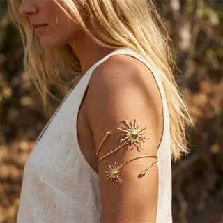 Sun Open Cuff Arm Band, Gold Plated Iron, Boho Vintage Hollow Sun Design, Adjustable Armlet Bracelet 8cm
