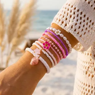 Pink Hibiscus Flower Conch Star Pearl Beaded Bracelet Set of 8, Boho Beach Vacation Style, Soft Clay 3D Charm, 18cm Adjustable, Summer Fresh String Bracelets for Women