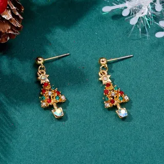 Christmas Tree Star Earrings, 18K Gold Plated Alloy with Multicolor Rhinestones, Dangle Holiday Drop Earrings for Women, Festive Gift Jewelry