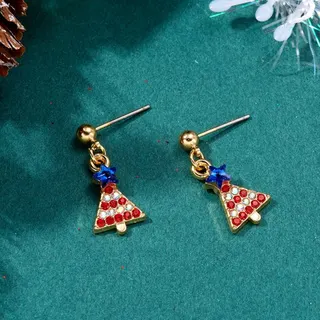 Christmas Tree Blue Star Rhinestone Earrings, 18K Gold Plated Alloy with Red & White Micro-Paved Crystals, Festive Holiday Dangle Earrings for Women, Gift Ready