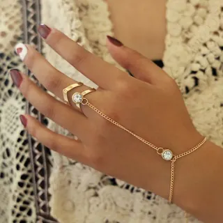 Gold Finger Chain Bracelet Ring Set, Geometric Arrow Zircon Hand Chain, 18K Gold Plated Alloy Jewelry for Women, Bridal & Daily Layering Accessory