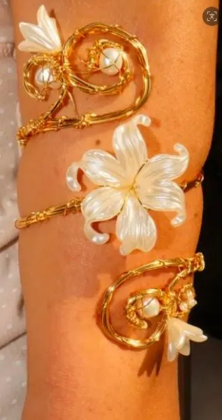 Floral Acrylic Pearl Cuff Bracelet, Gold Plated Copper, Open Adjustable, Vacation Statement Jewelry for Women