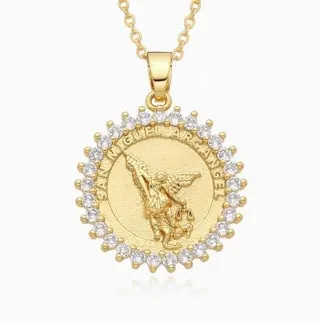 Archangel Michael Pendant Necklace 18K Gold Plated Copper with Cubic Zirconia Halo, Vintage Religious Relief Medallion Choker Chain 45+5cm, Faith Protection Gift