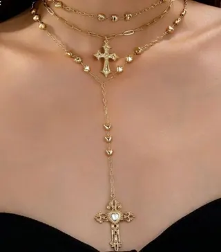 Gold Cross Pendant Necklace with Tassel & Rhinestone, Multi-Layer Long Chain, 18K Gold Plated Alloy, Y2K Gothic Statement Jewelry for Women