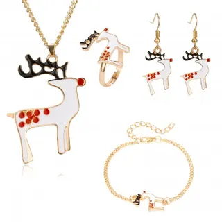 Christmas Reindeer Jewelry Set for Women - Rudolph Deer Necklace Earrings Bracelet Ring 4-Piece Set, Gold Plated Alloy Enamel, Cute Holiday Party Gift