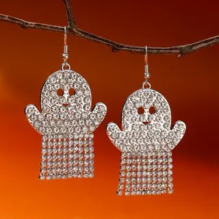 Halloween Cute Ghost Glove Shape Rhinestone Tassel Earrings, Silver Alloy Full-Paved Long Dangle Earrings, Approx 7.2cm, Sold by Pair